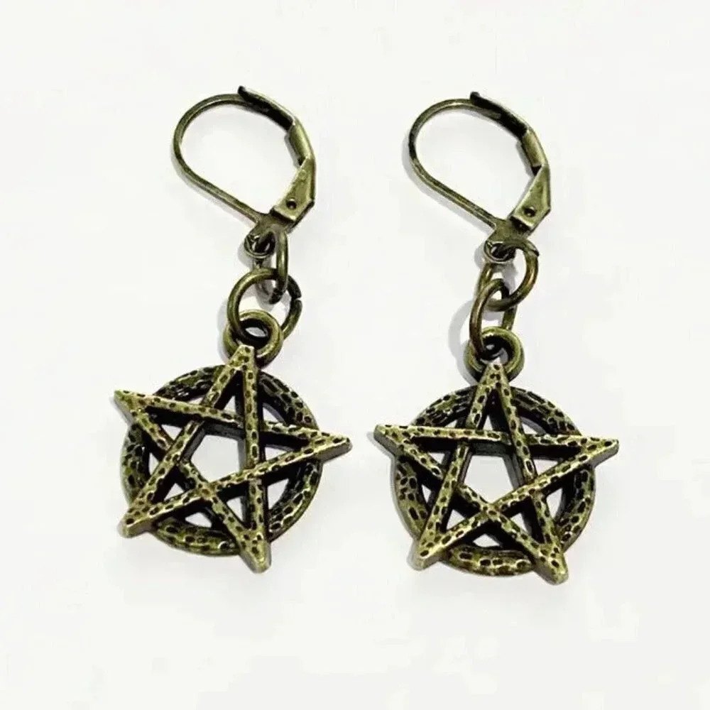 Bronze Wiccan Pagan Witch Pentacle Pentagram Circle Dangle Pendant Earrings - Picture 4 of 4